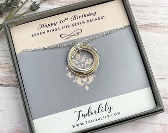 7 Ringe Halskette, ineinandergreifende Ringe, 70er Geburtstag Halskette, Silber & Gold, Großmütter Halskette Schmuck, gemischte Metalle