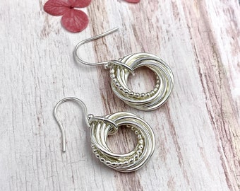 8 Ring Sterling Earrings, Entwined Beaded Silver Wire Hoop Earring, 80th gift, Dainty Earrings, Petite Earrings,