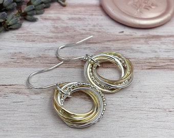 60. Geburtstag, 6 Ringe, gemischte Ringe Ohrringe, Silber und Gold Ohrringe, ineinandergreifende Ringe, Kreisohrringe, Geburtstagsohrringe