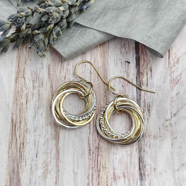 70th Birthday, 7 Rings, Mixed Rings Earrings, Silver and Gold Earrings, Interlocking Rings, Circle Earrings, Birthday Earrings