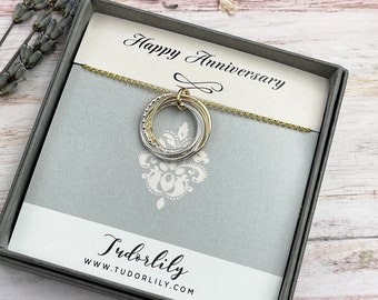 6 Ringe Halskette, Ineinander verschlungene Ringe, 6 Ringe, 60 Jahre Geburtstagskette, Silber & Gold, Hochzeitsgeschenk