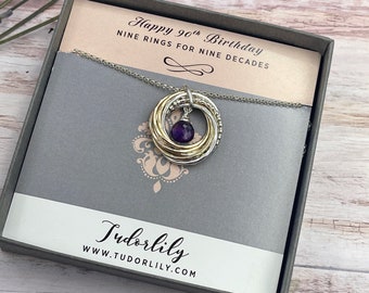Amethyst 9 Ring-Halskette, Februar Geburtsstein, 90.Geburtstag, Silber und Goldringe, Februar Geburtstag, gemischte Metalle