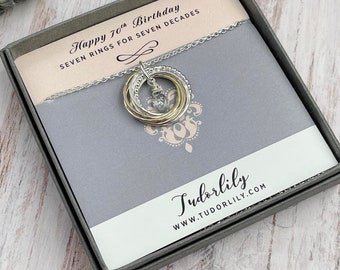 7 Ring Moos Aquamarin Halskette, März Geburtsstein, 70. Geburtstag, Silber und Goldringe, März Geburtstag, gemischte Metalle