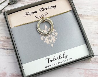 6 Ringe Halskette, ineinandergreifende Ringe, 60er Jahre Geburtstag Halskette, Silber & Gold, Brautjungfern Schmuck, gemischte Metalle