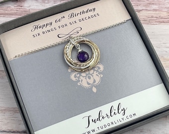 Amethyst 6 Ringe, Februar Geburtstagsgeschenk, Silber und Gold Halskette, Amethyst Edelstein, 60.Geburtstag Halskette, gemischte Ringe
