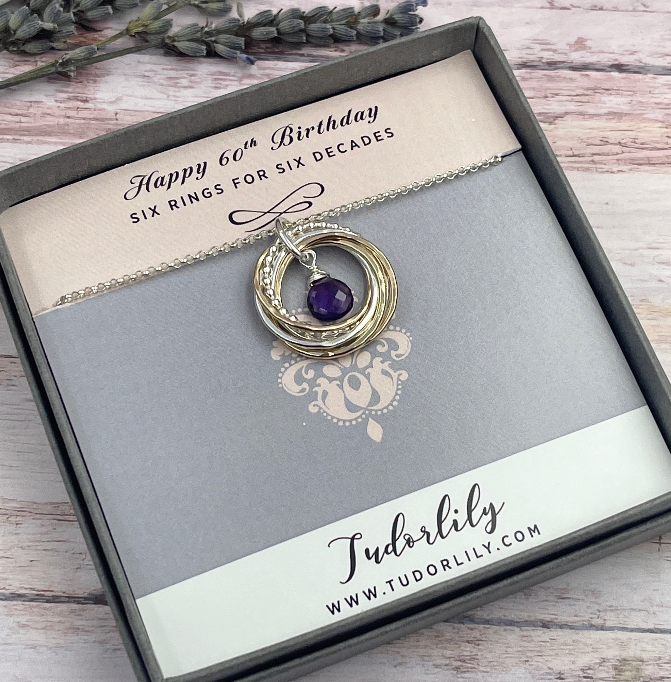 Amethyst Rings Necklace, February Birthday Gift, Silver and Gold  Necklace, Amethyst Gemstone, 60th Birthday Necklace, Mixed Rings
