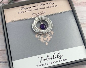 Amethyst 9 Ringe Halskette, Februar Geburtstagsgeschenk, Amethyst Edelstein, 90. Geburtstag Halskette, 9 Ringe Halskette, Silberkette