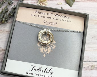 Zierliche Love Knot Halskette, 9 Ringe, Silber und Gold Ringe Halskette, 90.Geburtstag, Geschenk für Mutter, Geschenk für Oma, gemischte Metalle
