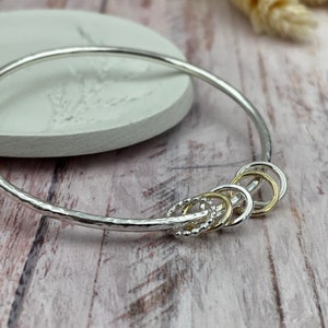 50th Birthday Bangle, Sterling Bangle, Mixed Metals, 50th Gift for Women, Silver and Gold, 5 Rings