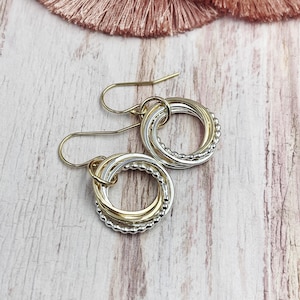 50th Birthday, 5 Rings, Mixed Rings Earrings, Silver and Gold Earrings, Interlocking Rings, Circle Earrings, Birthday Earrings