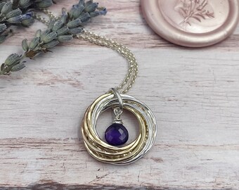 Amethyst Silver and Gold Ring Necklace, February Birthstone,  Mixed Metals, 60th Birthday, Decade Birthday