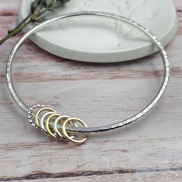60th Birthday Bangle, Sterling Bangle, Mixed Metals, 60th Gift for Women, Silver and Gold, 6 Rings