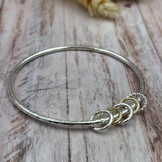 Heart and Flower Charm Bangle, Sterling Silver Bangle 