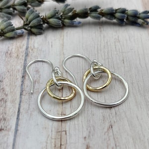 Silver and Gold Earrings, Mixed Metals Earrings, Circle Earrings, Entwined Rings Earrings, Interlocking Rings, Eclipse Earrings