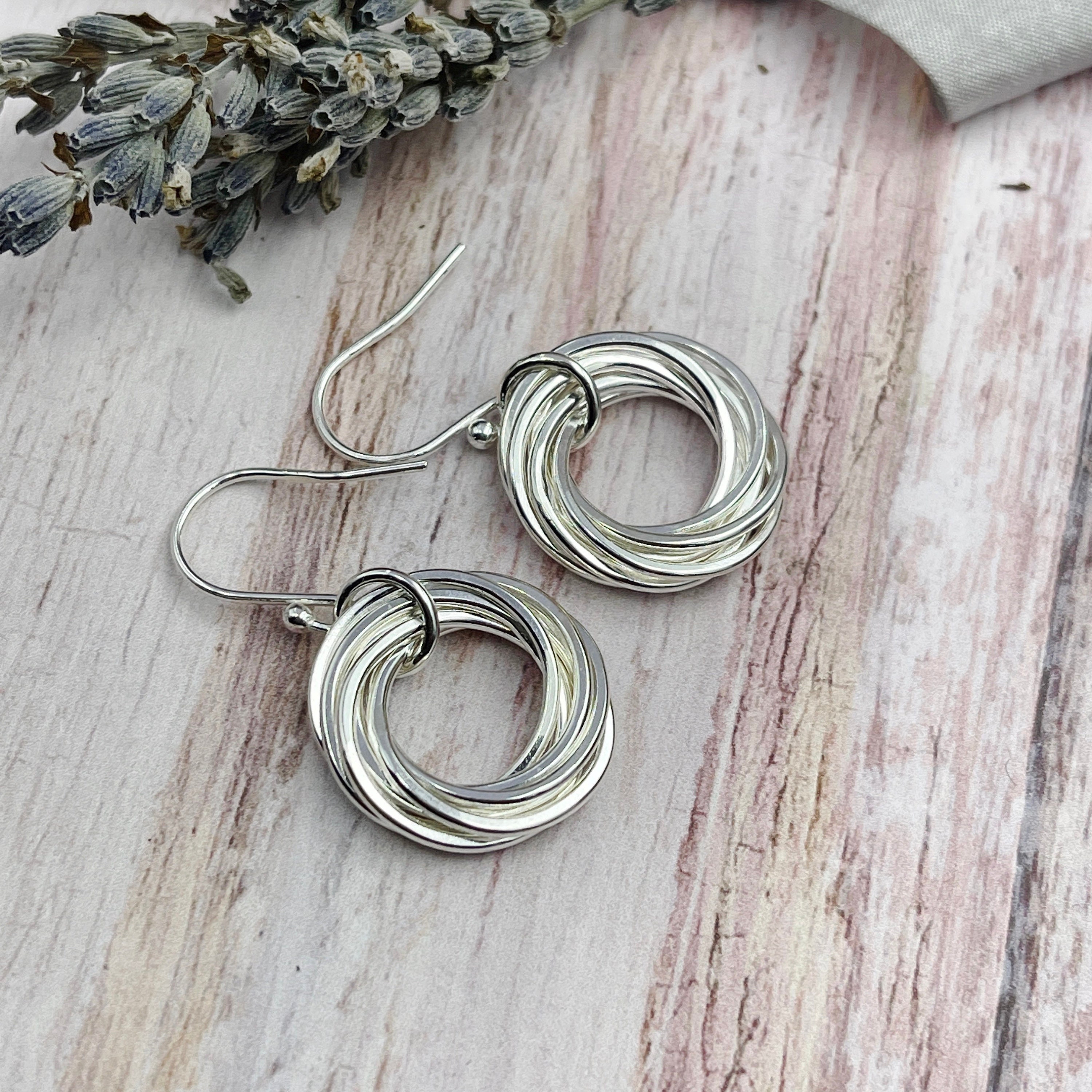 7 Interlocking Rings, Silver Earrings, 70th Birthday, 7 Rings, Circle ...