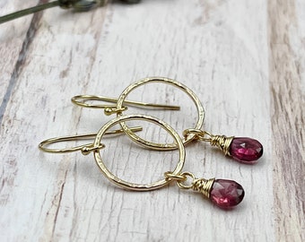 Garnet Earrings, January Birthday, January Birthstone, Gold Earrings, Dainty Earrings, Pink Red Gemstone, Gift for GirlFriend