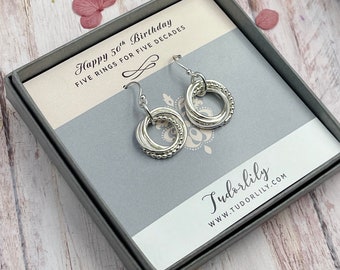 5 Ring Sterling Earrings, Entwined Beaded Silver Wire Hoop Earring, 50th gift, Dainty Earrings, Petite Earrings,