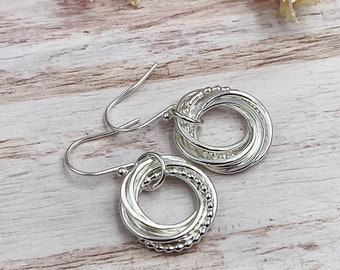6 Ring Sterling Earrings, Entwined Beaded Silver Wire Hoop Earring, 60th gift, Dainty Earrings, Petite Earrings,