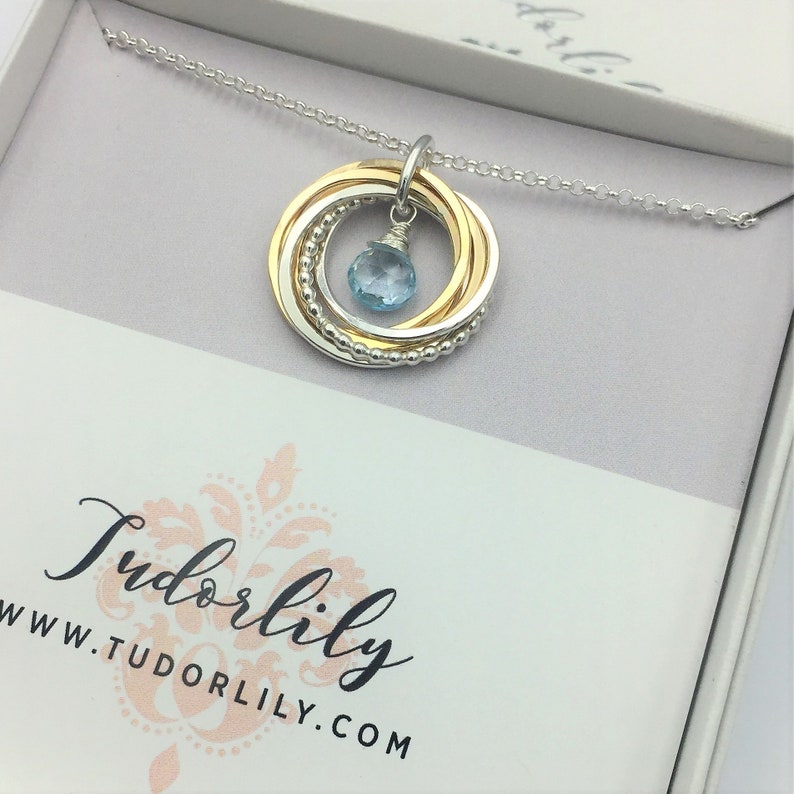 6 ring Aquamarine Necklace March Birthday 60th birthday Mixed Metals Silver and Gold Rings March Birthstone