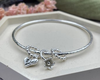 Couples Bangle Bracelet in Sterling Silver  Initial Charms & Puffy Heart  Charm - aka originals