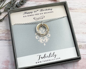 Petite Love Knot Halskette, 6 Ring, Mixed Metals, Silber und Gold Ringe, 60.Geburtstag, Geschenk für Mama, Mixed Metals, zierliche Halskette