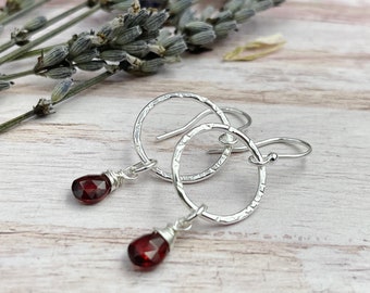 Garnet Earrings, January Birthday, January Birthstone, Silver Earrings, Dainty Earrings, Pink Red Gemstone, Gift for GirlFriend