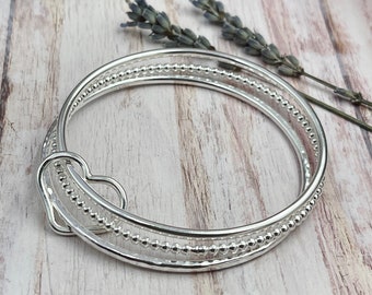 Heart Bangle, Sterling Bangle, Hallmarked Sterling Bangle, Gift for Mom, Gift for Grandma, Linked Bangles