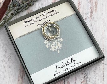 6 Ring Moos Aquamarin Halskette, März Geburtsstein, 60. Geburtstag, Silber und Goldringe, März Geburtstag, gemischte Metalle