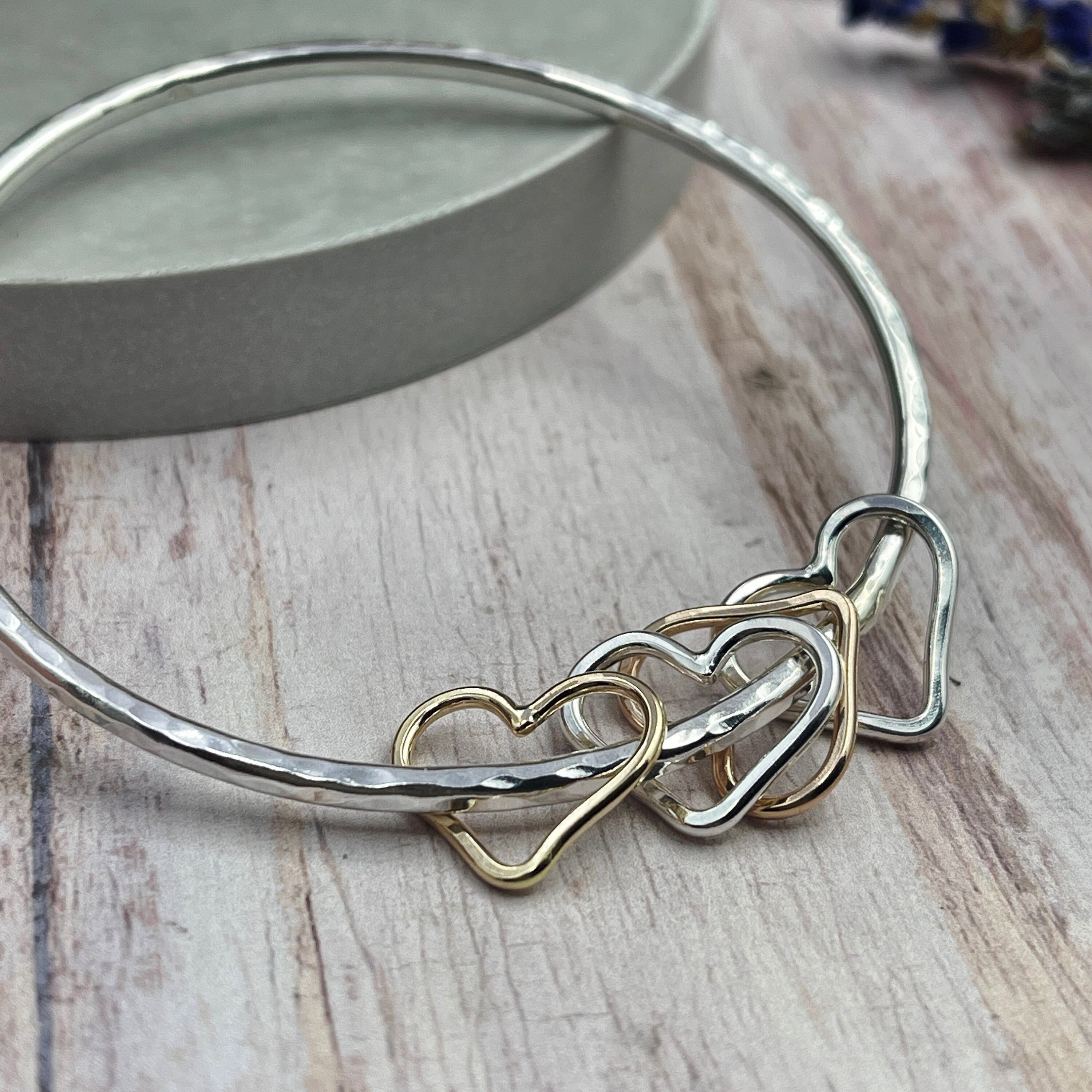 Heart and Flower Charm Bangle, Sterling Silver Bangle 