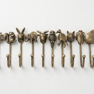 Antique Brass Animal Wall Hooks, Vintage Coat Hooks, Fox Bee Rabbit Deer Owl Giraffe Cat Bat Snake Hooks, Rustic Bathroom Towel Hook Decor