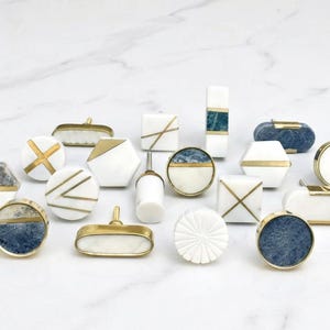 Luxury Marble Stone Cabinet Knobs, Brass Inlay Drawer Pulls, Modern Geometric Knobs, White Blue Marble Hardware, Kitchen Cabinet Knobs,