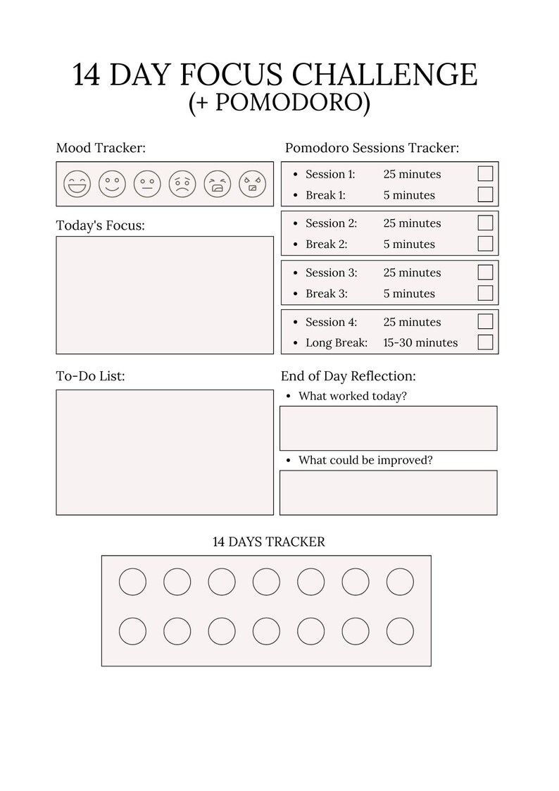14 Day Focus Challenge Printable | Pomodoro Productivity Planner PDF - Etsy