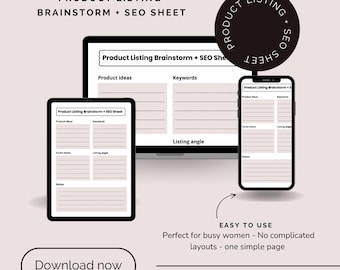 Afdrukbare brainstorm met productvermeldingen | Etsy SEO-zoekwoordplanner en ideeënblad