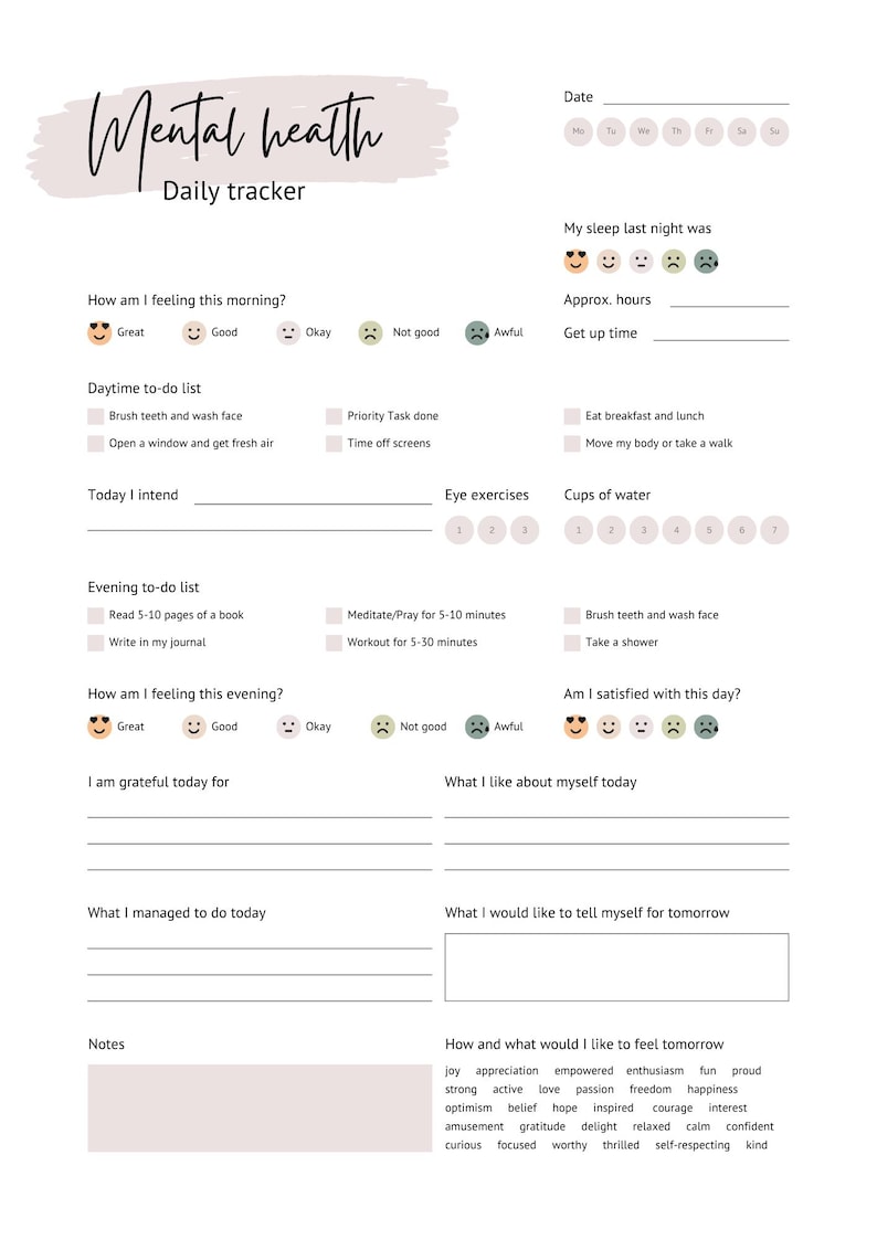 Mental Health Check in Printable | Emotional Wellness Worksheet | PDF ...