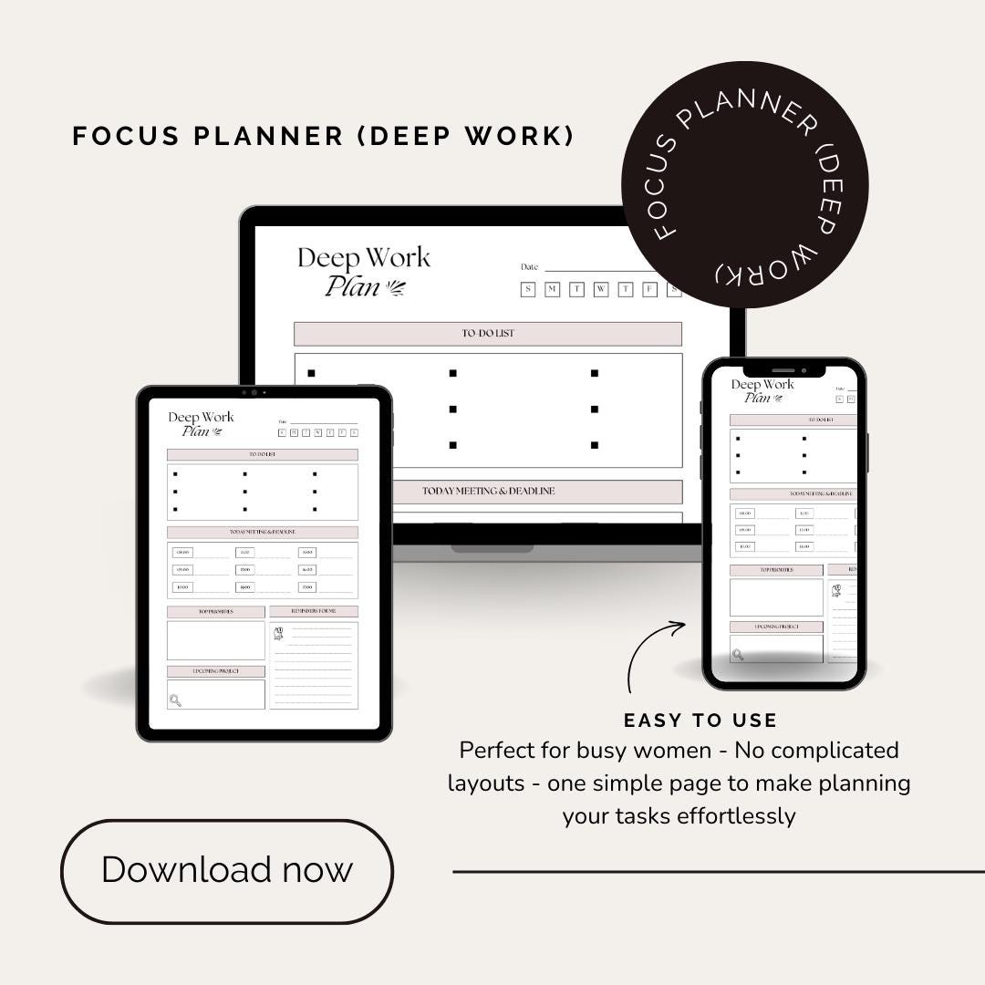 Deep Work Focus Planner Printable | Distraction Free Planning Sheet ...