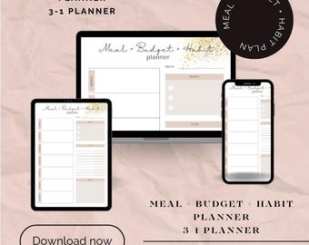 Planejador de Refeições + Planejador de Orçamento + Rastreador de Hábitos | Organizador 3 em 1 para Imprimir | Download Imediato