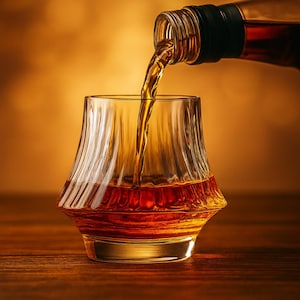 May include: A clear, ribbed whiskey glass being filled with amber liquid from a dark bottle. The glass sits on a wooden surface, with a warm, golden background. The liquid stream is in focus, highlighting the drink's color and texture.