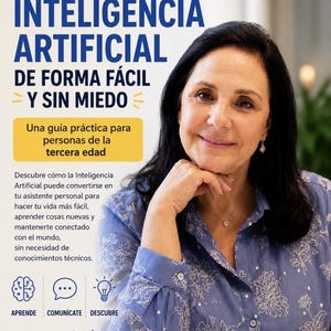 Op de afbeelding: Een poster met de titel APRENDE INTELIGENCIA ARTIFICIAL DE FORMA FÁCIL Y SIN MIEDO met een gids voor senioren. Het bevat tekst over AI als persoonlijke assistent, iconen voor leren, communiceren en ontdekken, en de zin Nunca es tarde para aprender.