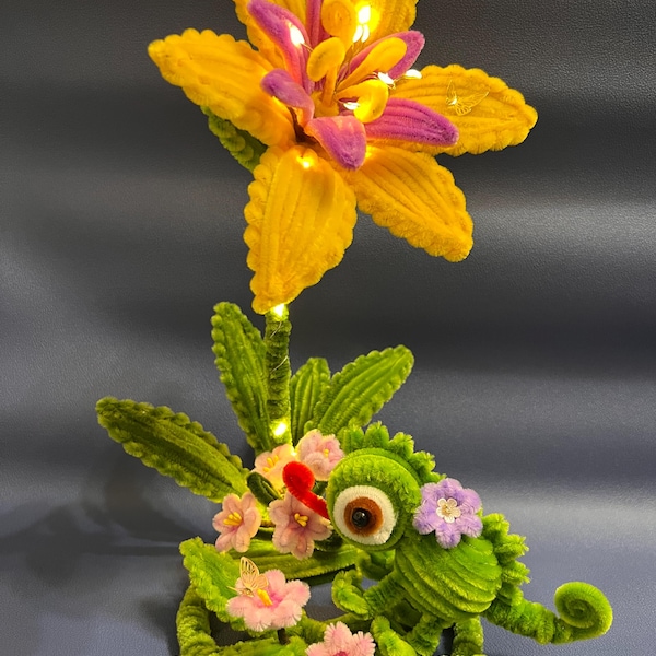 Rapunzel  Light Up Flower with Pascal | Handmade Pipe Cleaner Flower | Tangled Decor | Fairy  Lamp |