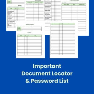 May include: A set of printable document organizer sheets featuring tables for storage locations, inventory, password lists, and contact information. The pages include headers such as Storage Locations, Inventory, Password List, and Contact Information.