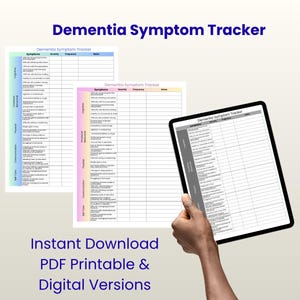 May include: A digital tablet and two printed sheets display a "Dementia Symptom Tracker" with columns for symptoms, severity, frequency, and notes. The text "Instant Download PDF Printable & Digital Versions" is also visible.