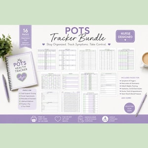 May include: A 16-page POTS Tracker Bundle printable PDF set featuring a spiral-bound health tracker notebook, various symptom and medication logs, and tracking charts. The design includes purple accents, heart icons, and text detailing features.