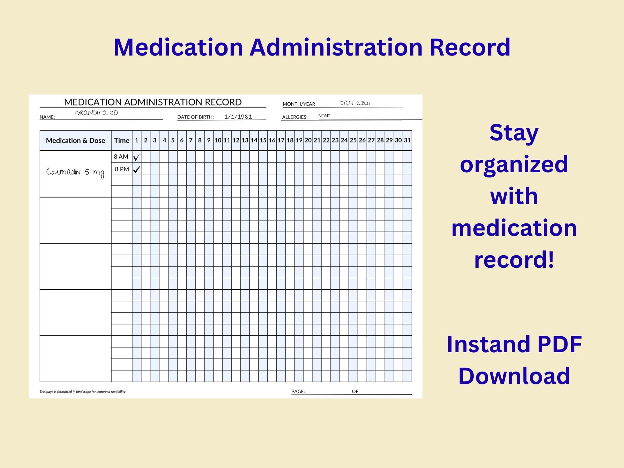 Medication Log Printable | MAR Sheet, Daily Tracker (digital PDF) - Etsy