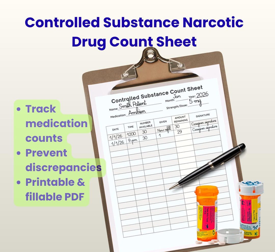 Controlled Substance Count Sheet, Narcotic Log, Medication Tracking ...