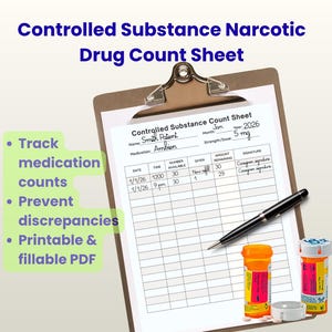 May include: A brown clipboard holding a white Controlled Substance Count Sheet with handwritten entries for patient Smith Patient, Ambien, and 5 mg dosage. A black pen rests on the paper, accompanied by two orange prescription pill bottles.