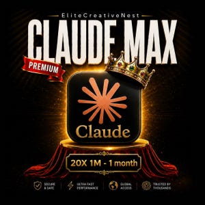 Könnte beinhalten: Ein schwarzes quadratisches Symbol mit einem orangefarbenen Sternlogo und dem Text Claude, gekrönt von einer goldenen Krone. Es steht auf einem goldenen Sockel mit rotem Samttuch und zeigt EliteCreativeNest, CLAUDE MAX, PREMIUM und 20X 1M - 1 month.