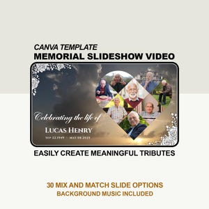 Peut inclure: Modèle Canva pour une vidéo de diaporama commémoratif. La conception présente un collage de photos en forme de cœur, avec le texte "Célébrer la vie de LUCAS HENRY" et des dates. Le modèle comprend 30 options de diapositives.