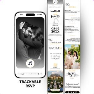 May include: A smartphone displays a black and white photo of a couple embracing, with wedding details on a vertical banner. The banner includes the names "Sarah and James", date, countdown timer, and RSVP information.