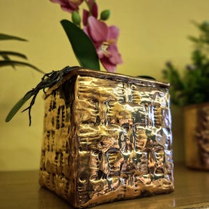 Può includere: Un vaso quadrato, strutturato, color oro metallizzato. Il vaso contiene un'orchidea rosa con foglie verdi. Il vaso ha un aspetto ruvido e martellato. Lo sfondo è giallo tenue.