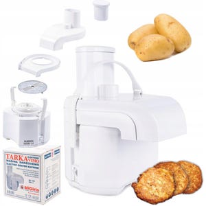 May include: A white electric grater machine with multiple detachable parts, including a blade and a box. The image also shows three potatoes and three potato pancakes. The box has text in a foreign language.